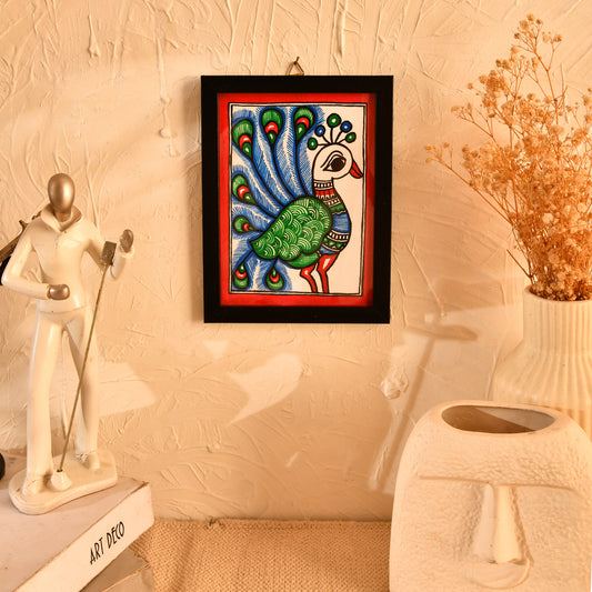 Hand made Premium Peacock Madhubani Painting with Frame